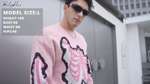 SOLY HUX Men's Y2K Skeleton Sweater Goth Grunge Skull Long Sleeve