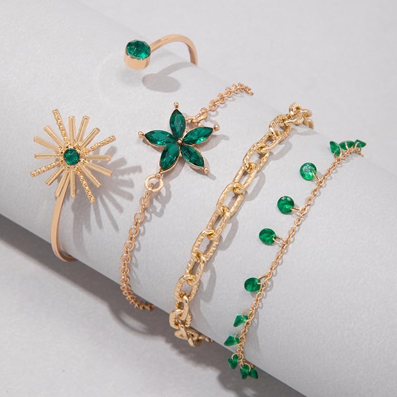 Stackable Gemstone & Rhinestone Bracelets Set with Faux Pearl Decor | 4pcs Dainty Stacking Cuff Bracelets, Flower Design Water Drill Chain Bracelet for Women - Versatile Layered Jewelry Gift Set - Image 2