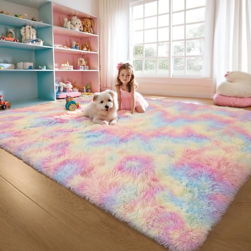 6x9 Rainbow Unicorn Rug for Kids Bedroom, Soft Plush Shag Carpet