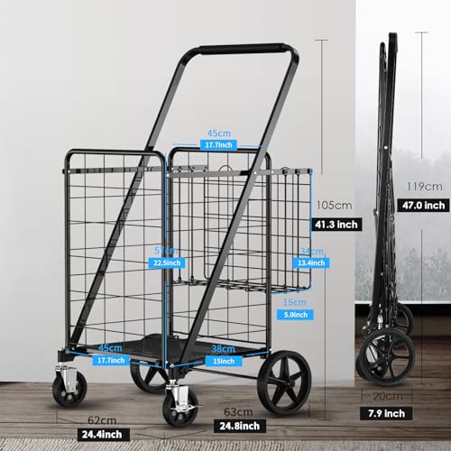 Large Folding Shopping Cart with Swivel Wheels & Brakes - 420lbs Foldable Rolling Grocery Cart with Double Basket & Waterproof Liner, Portable Heavy Duty Utility Carts for Laundry