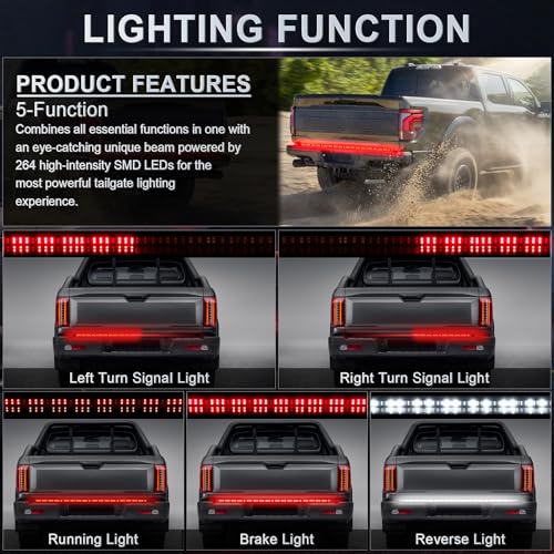 LivTee Truck Tailgate Light Bar 60" LED Strip with Red Running Brake White Reverse Red Turning Signals Lights, Car Truck Accessories for Men - IP68 Waterproof