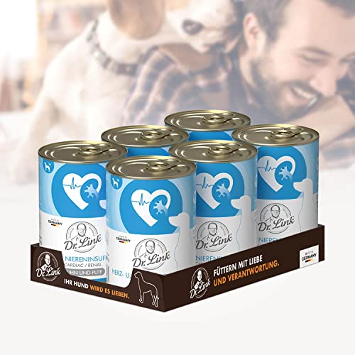 Dr. Link Spezial-Diät Hundefutter für Hunde, Herz & Nieren – Premium Alleinfuttermittel mit Huhn & Pute, Unterstützung der Herz- & Nierenfunktion, Omega-3, hochwertige Proteine – 6x400g Dose