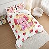 HOSIMA Pink Kawaii Axolotl Bedding Comforter Set for Kids,Cartoon Strawberry Milk Tea Print Comforter Set Bedroom Decoration Twin Size for Children Girl with 2 Pillowcases. #2