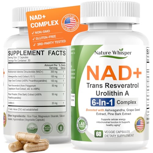 Nature Whisper NAD+ Supplement 620mg | 6-in-1 Complex with Resveratrol, Ashwagandha & Urolithin A - Daily Energy Stack for Focus, Brain Fog & Healthy Aging - 60 Capsules