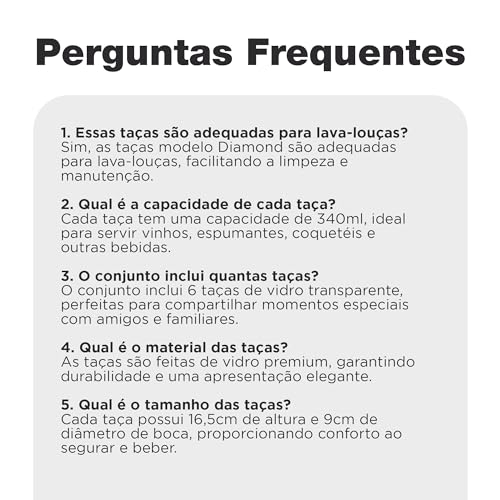 Jogo de 6 Taças de Vidro Transparente 340ml Diamond - Conjunto Elegante para Água, Vinhos e Coquetéi