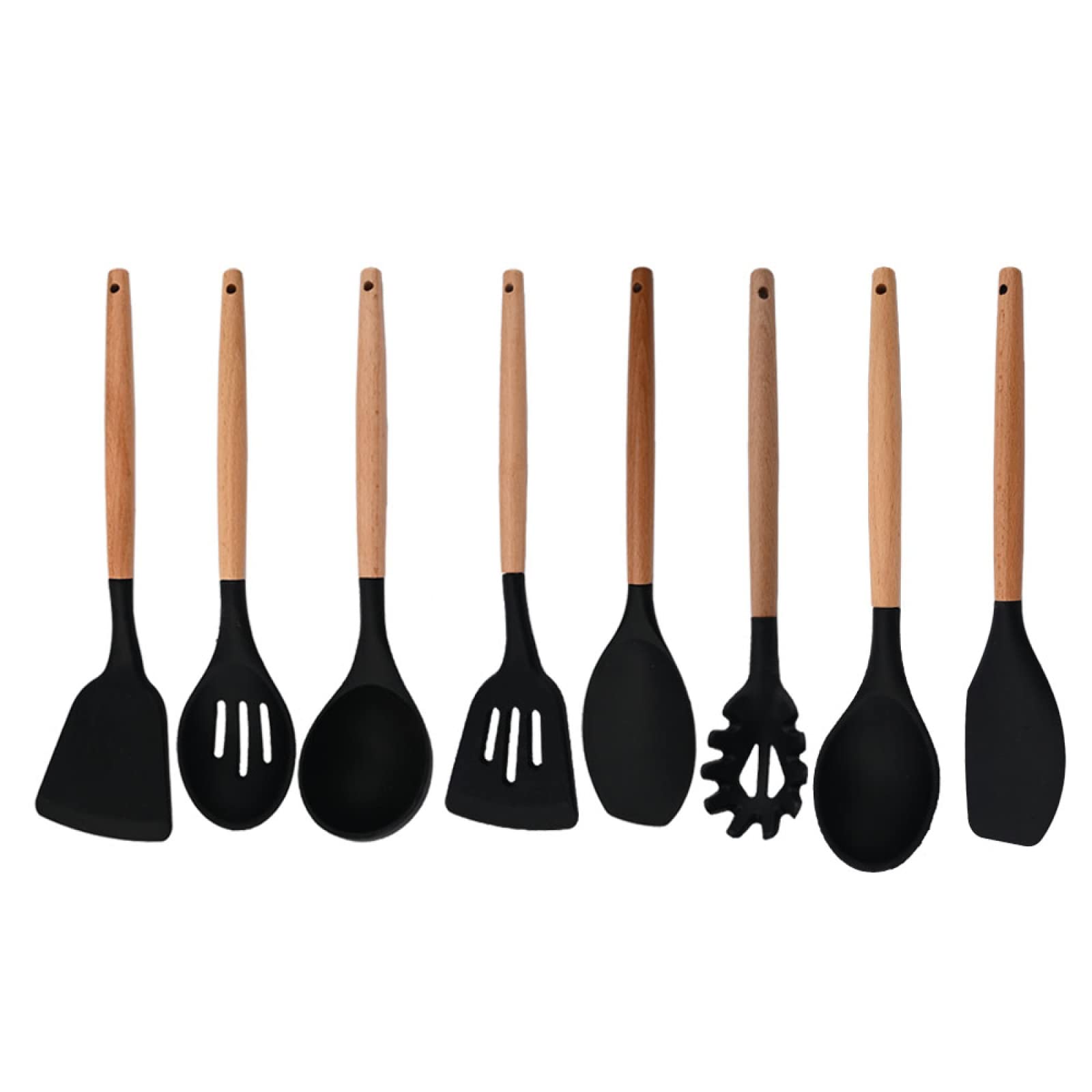 GTHTUHFD Cooking Spatulas And Spoons,Spoon Setcooking Utensils Set Silicone Kitchen Utensil Nonstick Cooking Utensils Wooden Handle Cookware Baking Gadget Set,Black 8pcs