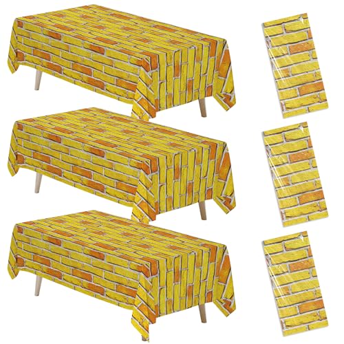 FVABO Yellow Brick Tablecloth Decorations, 3Pcs Disposable Yellow Stone Brick Wall Party Table Cover Supplies for Birthday, Construction, Builder, Fire Truck Party Favor, 55in x 86in