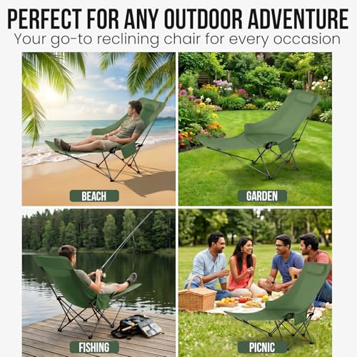 Image of ORILEY Compact Folding Chair with Heavy Duty Metal Frame 3 Adjustable Positions Portable Lightweight Foldable Seat for Outdoor Camping Hiking Fishing Garden Beach Picnic Travelling (Pack of 1 Green)