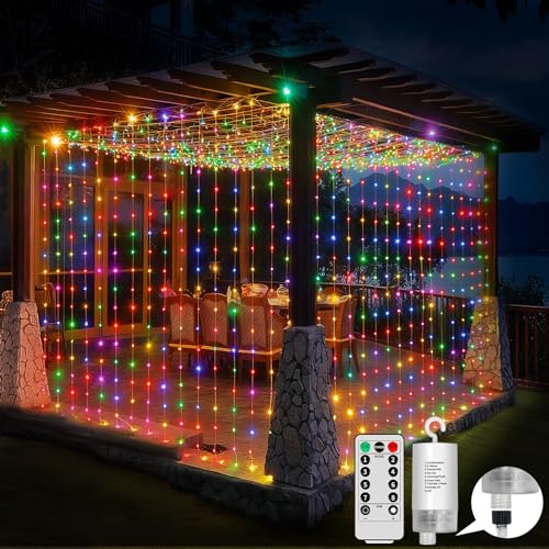 GCMacau Cortina de Luces, 6x3M 600 LED Luces Cortina a Pilas, Luz Cadena con 8 Modos de Control Remoto y Temporizador, Luce de Cadena Interior Exterior para Jardín Navidad Bodas Fiestas (Multicolor)