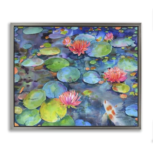 Vivid Pond Lily Koi Fish Pond, 16 x 20 Inch Canvas in Floater Frame