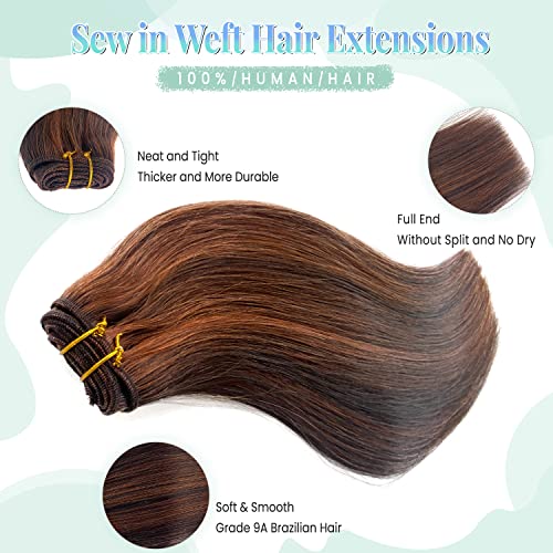 Image of Sew in Hair Extensions Real Human Hair,Weft Hair Extensions Human Hair 14 Inch 80G Dark Brown Balayage Auburn Brown Highlights Hand Tied Weft Hair Extensions Human Hair Bundles Sew in Weft Extensions