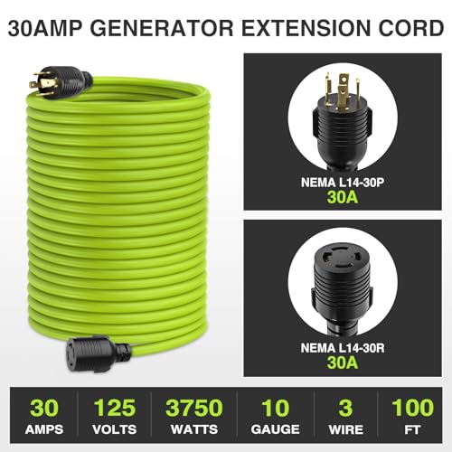 Image of Nilight 100FT 30Amp Generator Extension Cord 125V Heavy Duty 10 /3 Gauge Pure Copper STW Wire UL ETL Listed 4 Prong L14-30P L14-30R Weatherproof Suit for Camper Outdoor Use Bright Green
