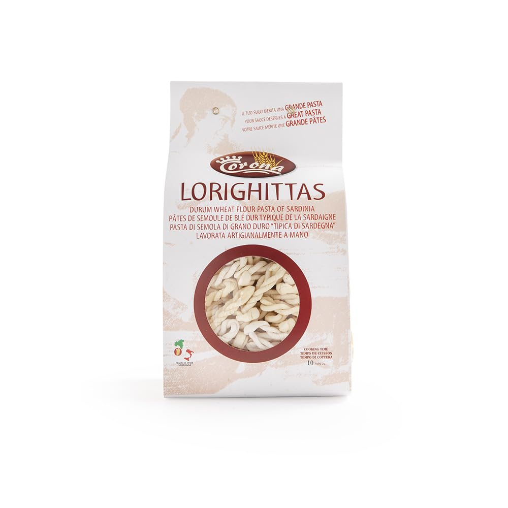 12 x 500 gr - Lorighittas. Anelli di pasta di grano duro arrotolati e uniti a mano. Nati dalla cura e dalle idee dei pastificatori di Morgongiori. Realizzate dal pastificio Corona a Oristano