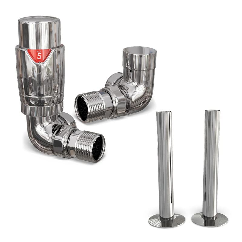 UK Radiators Chrome Thermostatic Radiator Valves and Corner Lockshield Valve - Polished Chrome Finish - Modern Design 1/2" x 15mm Corner Radiator Valves with 130mm Pipe Covers — image 1