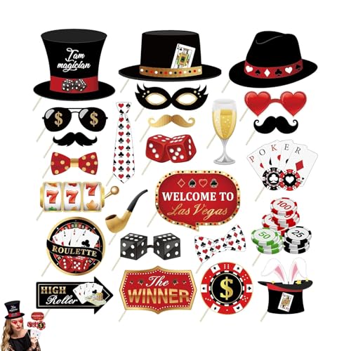 25 Stück Las Vegas Deko Foto Requisiten – Casino Deko Fotobox Accessoires mit Bart, Lippen & Brillen Mustern,Perfekt für Las Vegas Party, Casino Royal Theme Nachtparty & Fotoshooting Partydeko Zubehör