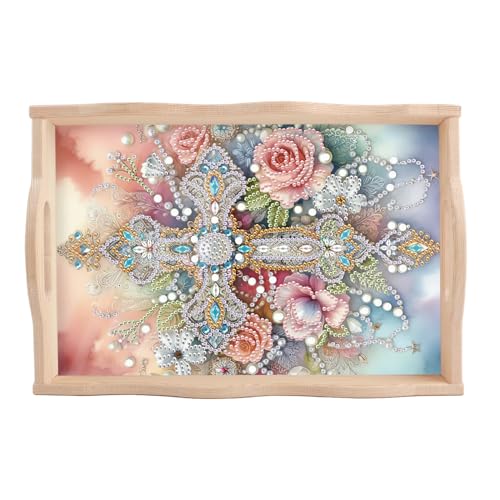 Image of AiYuanzsh DIY 5D Flowers Cross Diamond Art Trays for Adults | Diamond Painting Tray Kits, Diamond Art Kits for Adults, Wooden Trays for Crafts, Living Room Home Organizer