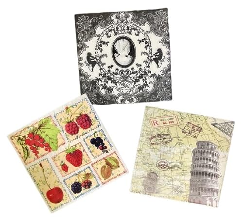 ペーパーナプキン 3種類 各5枚入 15枚入 紙ナプキン デコパージュ素材 アソート ハンドメイド カメオ風 アンティーク調 ブラック フルーツ 果実 ピサの斜塔 アンティーク調