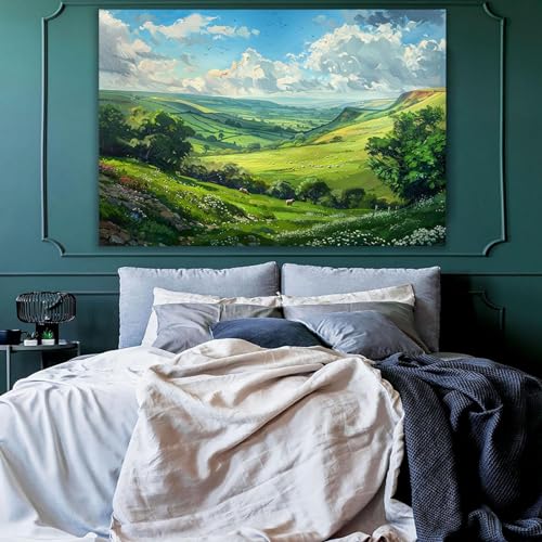 Tableau paysage vallonné herbeux toile intissée 40x60cm encadrée pour salon