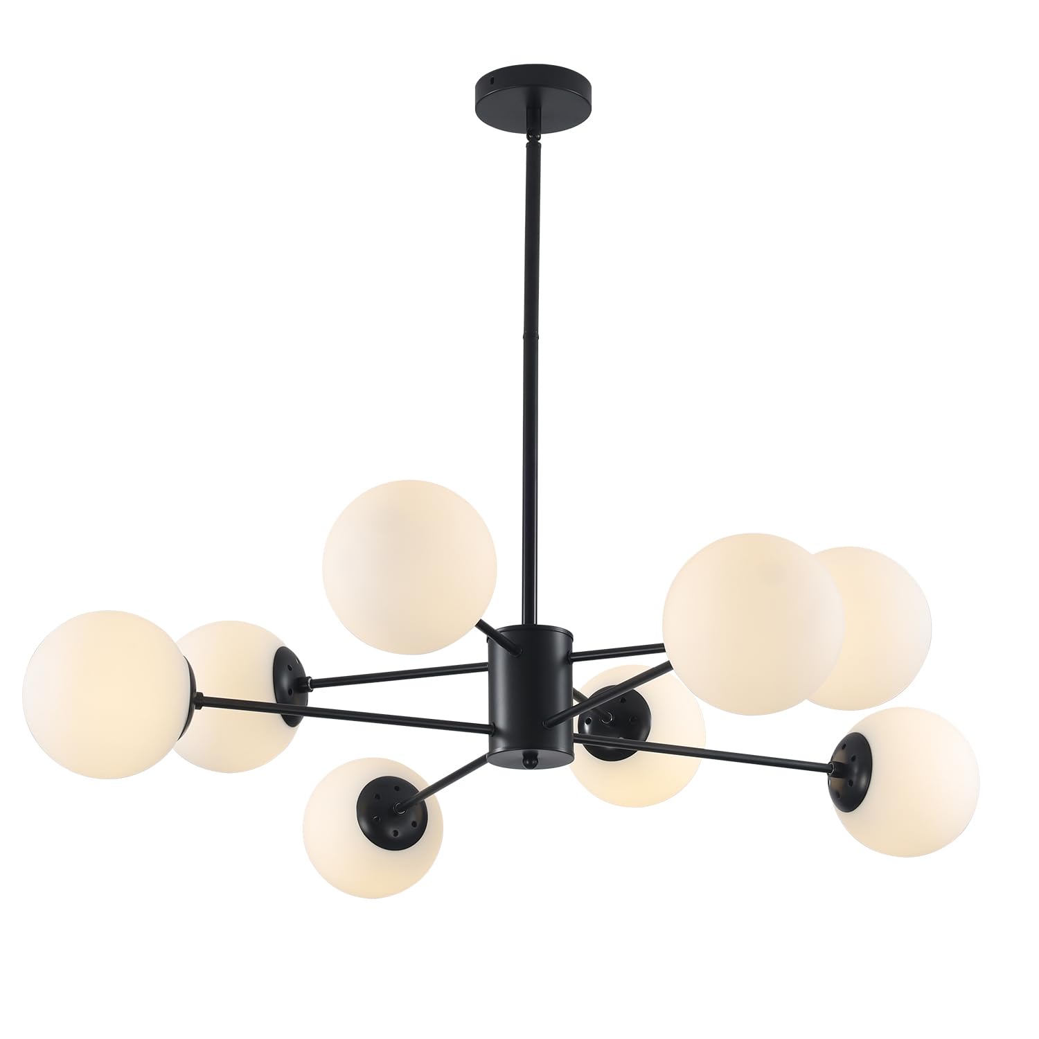 BOKT Modern 8-Lights Globe Sputnik Chandelier Mid Century Matte Black Chandelier Ceiling Mount Light Fixture with Milky White Glass Glass Lampshade for Dining Room Living Room