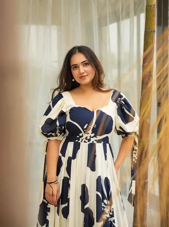 Image of Women Floral Printed Tiered Maxi Dress with Puff Sleeves, Empire Waist, Tie-Up Detail, Flared Long Dress for Casual Wear, Summer Outings, Vacation & Resort Wear - Causal Gown for Women