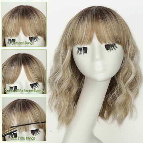 Image of AISI HAIR Curly Bob Wig with Bangs Short Wavy Soft Beige Ash Blonde Wigs for Women Bob Style Synthetic Heat Resistant Bob Wigs