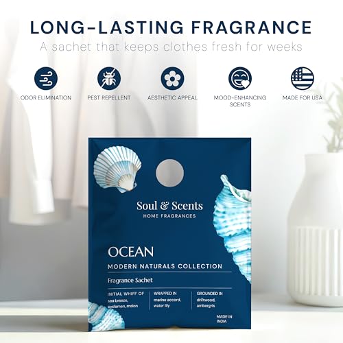 Image of Soul & Scents Ocean Fragrance Sachet | A Blend of Sea Breeze, Melon & Driftwood | Long-Lasting Air Freshener for Car, Wardrobe, Kitchen, and Travel Bag | Pack of 3-20gm Each