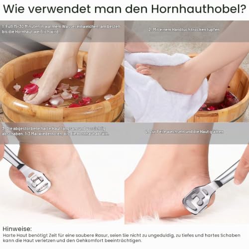 Foto von Hornhautentferner Fußschaber – Edelstahl Hornhauthobel Fußfeile Hornhautraspel Harte Haut Hornhaut Entferner Fußraspel Pediküre Fußpflege Werkzeug mit 10 Ersatzklingen für Nasse&Trockene Füße Silber