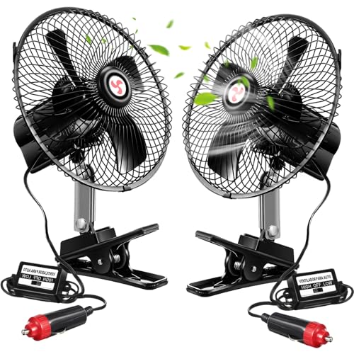 Tujoe 2 Pcs Portable Car Fan with Car Cigarette Lighter Electric Cooling 12 Volt Oscillating Fan 12 Volt Fan Automobile Vehicle 360 Degree Swivel Fan with Clip for Car Truck Supplies, Black (10 Inch)