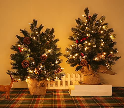 2 Pack 20 Inch Super Thick Prelit Tabletop Christmas Tree Decor Realistic Feel 8 Modes Timer 50 Warm Lights Battery Operated Red Berries Pine Cone Artificial Tree Christmas Decorations Indoor Home #TOP4
