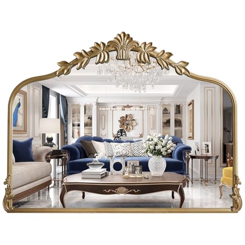 Image of WallBeyond Gold Antique Mirror for Vanity 32x24 Inch, Gold Vintage Mirror with Ornate Frame, Arched Vintage Wall for Bathroom, Living Room, Fireplace