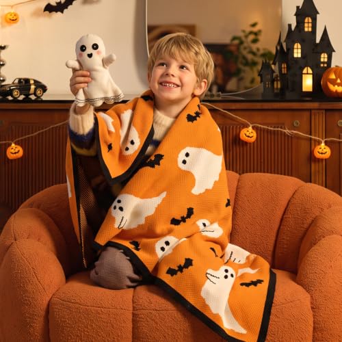 Amélie Home Reversible Halloween Throw Blanket for Couch, Spooky Halloween Ghost Cute Terror Scence, Chenille Knit Soft Cozy for Sofa Home Decor Gifts, 50" x 60", Orange Ghost - image 9