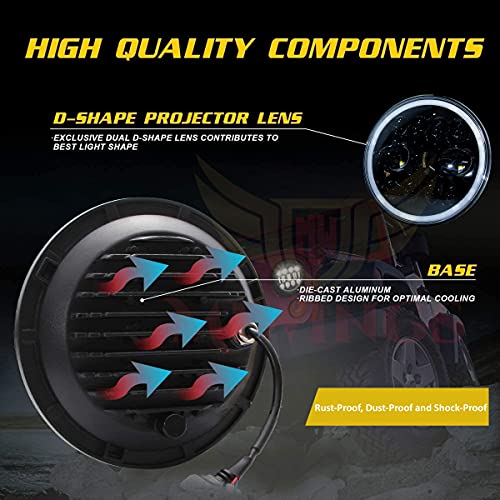 Image of Miwings 7 inch Round LED Stylish 8COB2EYE Hi /Low Beam Headlight 75W H4 Compatible with Royal Enfield, Jeep, Thar, motorcycle, Cars, Harley Davidson (Color Amber & White) (Pack of 1)