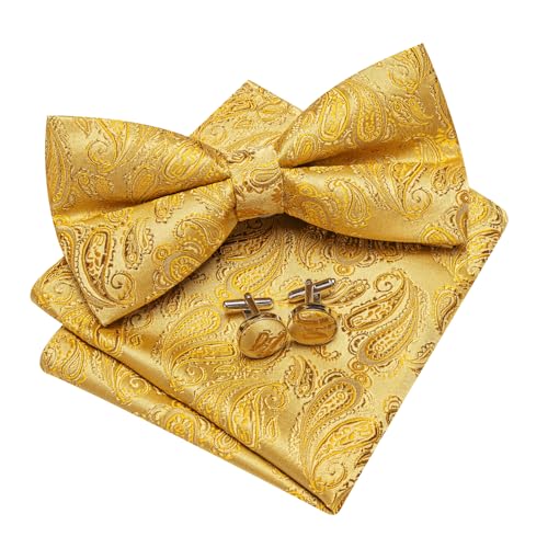 Image of YOHOWA Mens Bow Tie Set Paisley Pre-tied Bowties Adjustable with Handkerchief Cufflinks Gold Ring Set Wedding Prom Party