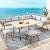 YITAHOME Patio Wicker L-Shaped Furniture Set, All-Weather Rattan Outdoor Conversation Sofa Set for Backyard Deck with Soft Cushions,Ottomans and Plastic Wood Dining Table (Light Brown+Gray)
