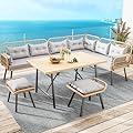 YITAHOME Patio Wicker L-Shaped Furniture Set, All-Weather Rattan Outdoor Conversation Sofa Set for Backyard Deck with Soft Cushions,Ottomans and Plastic Wood Dining Table (Light Brown+Gray)