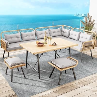 YITAHOME Patio Wicker L-Shaped Furniture Set, All-Weather Rattan Outdoor Conversation Sofa Set for Backyard Deck with Soft Cushions,Ottomans and Plastic Wood Dining Table (Light Brown+Gray)
