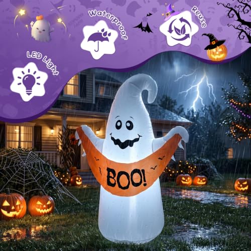 4FT Halloween Inflatable Ghost with Boo Banner,Bulit-in LEDs - image 3