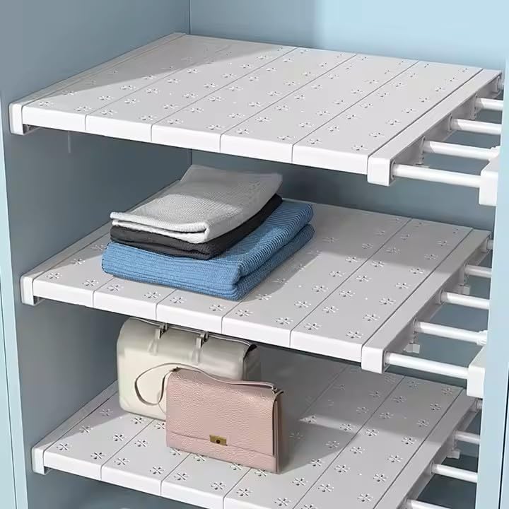 Extendable Closet Shelf, Adjustable Storage Rack, White Wardrobe Cupboard Compartment Separator, Punch-Free Collecting Partition Board for Kitchen, Bathroom, Shoes Shelves-image-34