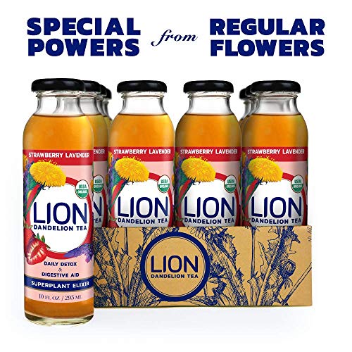 LION Organic Bottled Dandelion Tea | Immunity Booster - Prebiotic Tea Full of Antioxidants | Strawberry Lavender | 12 Pack