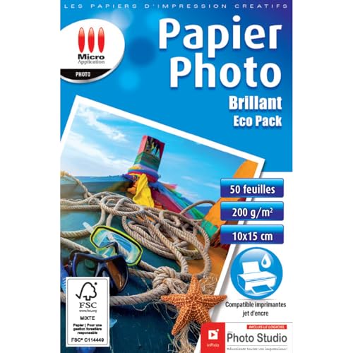 Micro Application - Papier Photo Brillant - Format 10x15 - Grammage 200 g/m² - 50 feuilles - Pack économique - Compatible pour imprimantes à jet d'encre