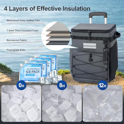 Image of Odoland 72 Can Rolling Cooler Bag with Wheels & Handle, Collapsible Insulated Ice Chest for Beach, Camping & Tailgating - Portable Travel Soft Cooler on Wheels, Collapses for Easy Storage