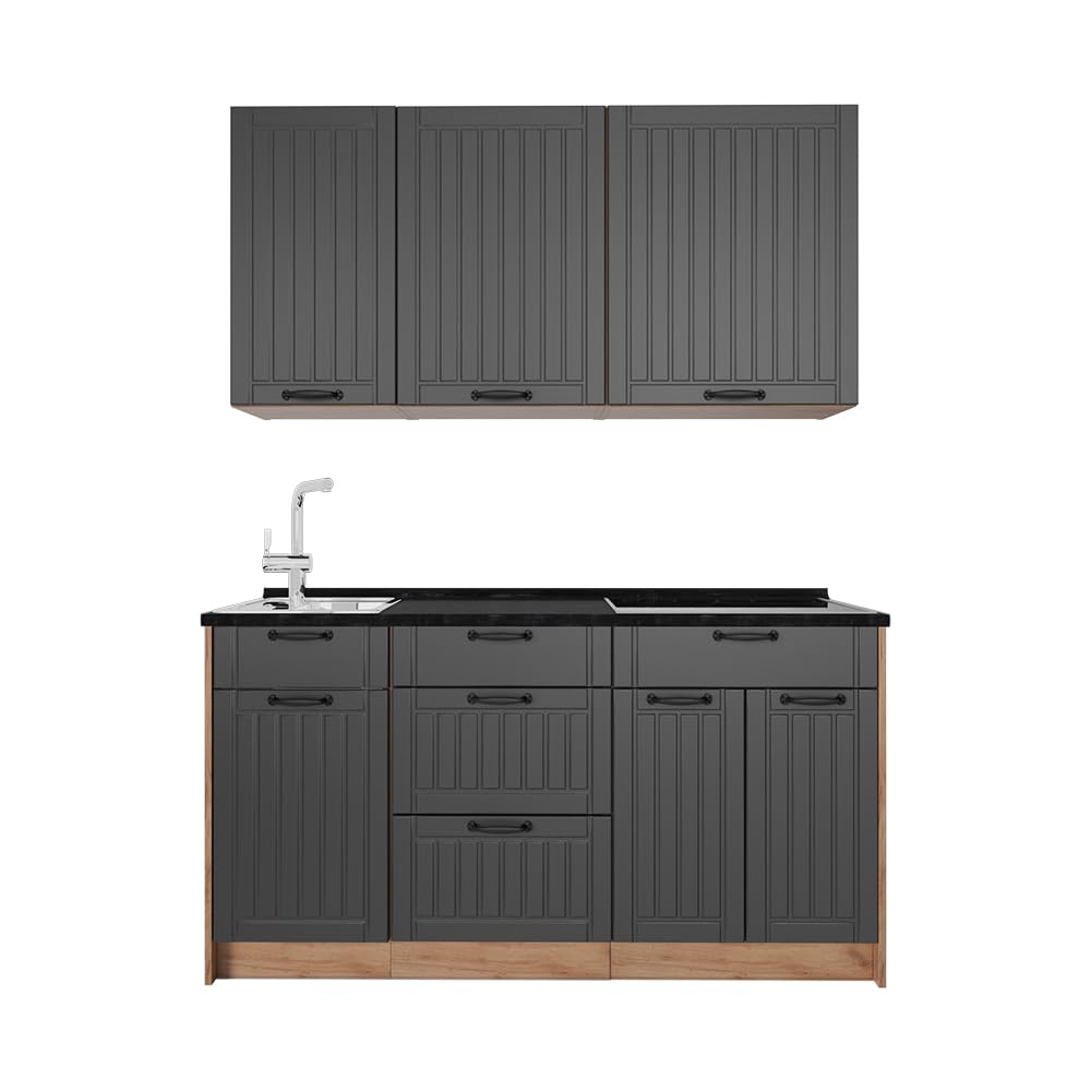 Vicco Singleküche Fame-Line, Dunkelgrau/Goldkraft Eiche, 150 cm