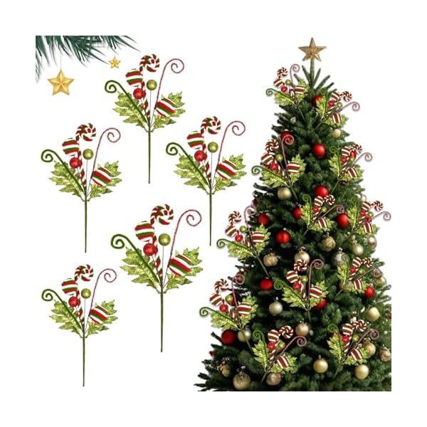 5pcs candy cane christmas tree picks decoration red white green tree topper berry curly picks spray ornaments for xmas home vase wreath holiday party candy cane picks  urban country home decor