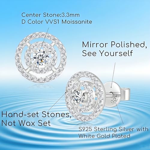 Double Halo Moissanite Stud Earrings for Women Men, 925 Sterling Silver Jewelry, White Gold Plated, Anniversary Birthday Christmas Gifts for Wife Mom4