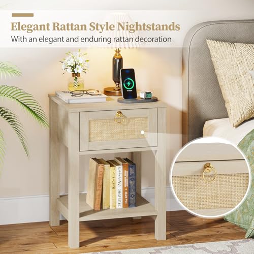 Image of Eclatara Rattan Nightstand Set of 2: Sturdy Night Stand with Rattan Decor Drawer, Farmhouse Nightstand Bedside Table Boho End Tables Side Tables for Bedroom (Natural Light Oak,2 Pieces)