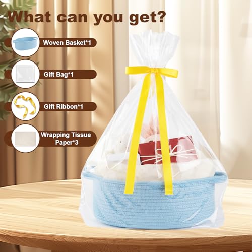 Image of OIAHOMY Gift Basket with Handle, Small Woven Basket with Gift Bag, Ribbon and Wrap Tissue Paper, Nursery Bins Empty to Fill with Small Items, Baby, Pet Toy Organizer - Blue