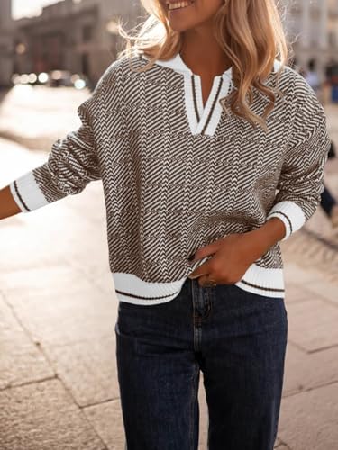 Saodimallsu Womens Fall Sweaters Tops Lapel V Neck Knit Sweater Color Block Long Sleeve Casual Soft Pullover Shirt3