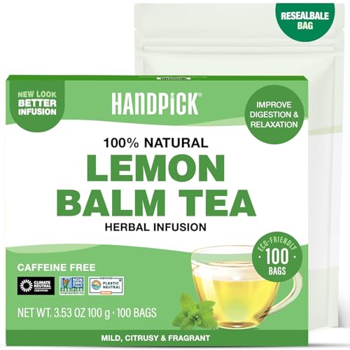 HANDPICK-Lemon-Balm-Tea-Bags--100-Count-100-Pure-Natural-Dried-Lemon-Balm-Herb-Caffeine-Free-Herbal-Tea-with-Citrus-Flavor-Aroma-Round-Eco-conscious-Teabags