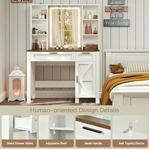 Usikey farmhouse makeup vanity desk with mirror and lights glass tabletop makeup vanity with adjustable shelves vanity table set with 2 drawers and side cabinet for bedroom white  urban country home decor