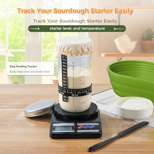 Image of Sourdough Starter Kit for Beginners, 34 oz Starter Jar with Scale Marking, 2 Silicone Proofing Baskets, Complete Bread Baking Kit with Guide & Recipes, Easy to Use & Clean - Green
